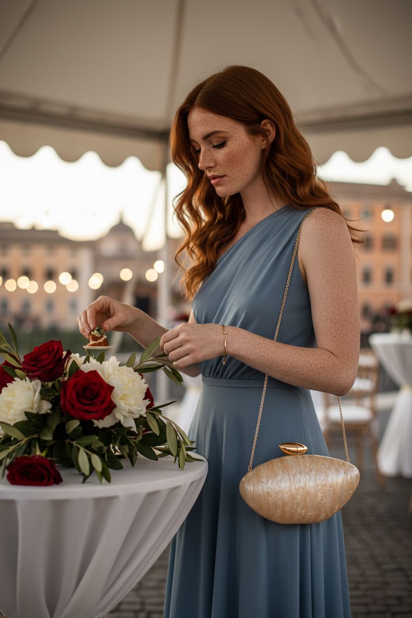 NEWROGENG apricot marble acrylic clutch purse resting on forearm during cocktail hour