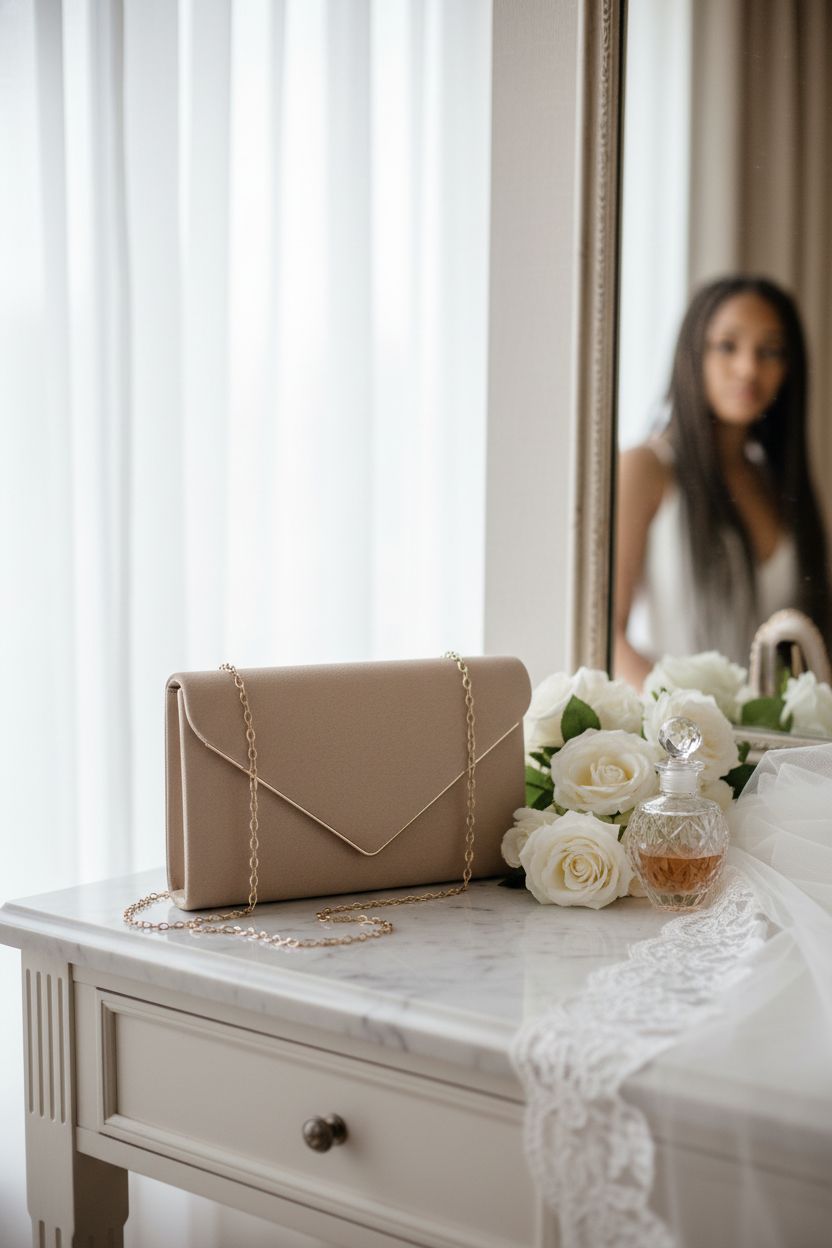 BBjinronjy taupe clutch next to flowers on marble vanity in bridal suite