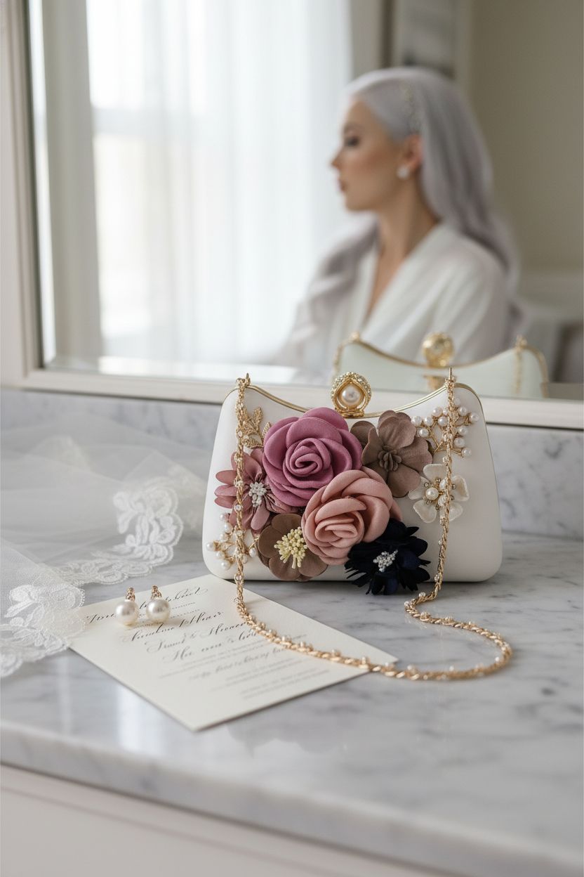 Milisente wedding purse beside lace veil and pearl earrings, showcasing its elegant design.