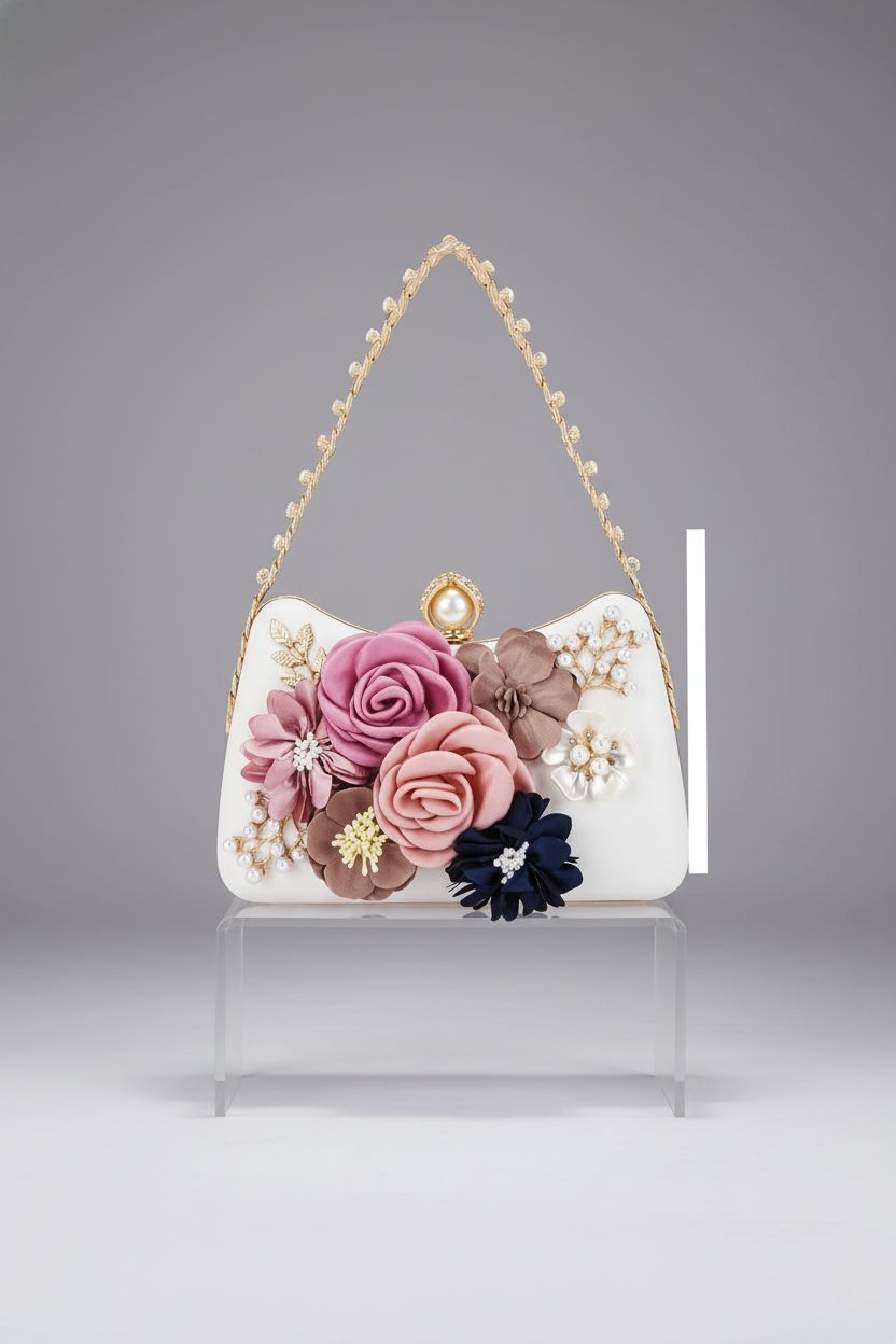 Milisente clutch purse displayed on a grey background, highlighting floral details and pristine finish.