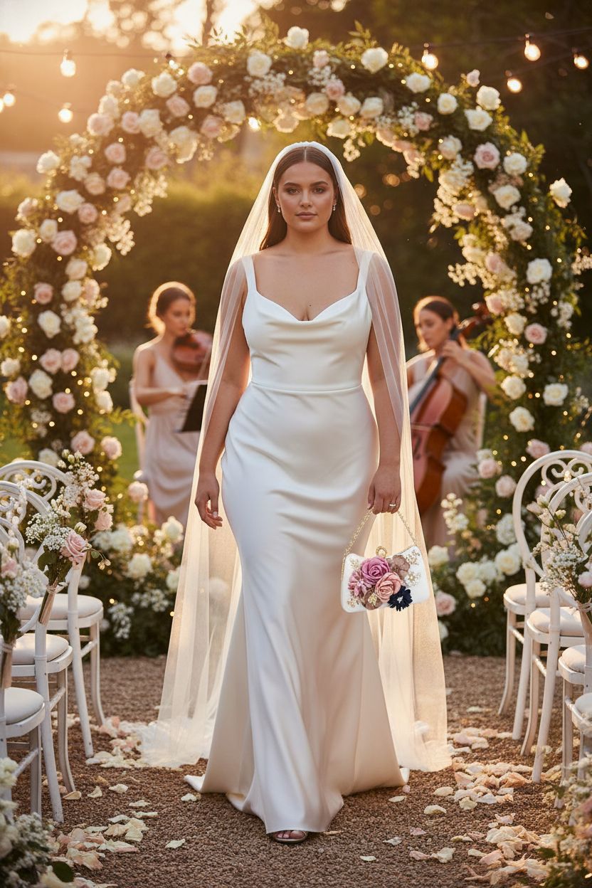 Milisente unique white clutch purse with pearl details and crystal handle, perfect for garden weddings.