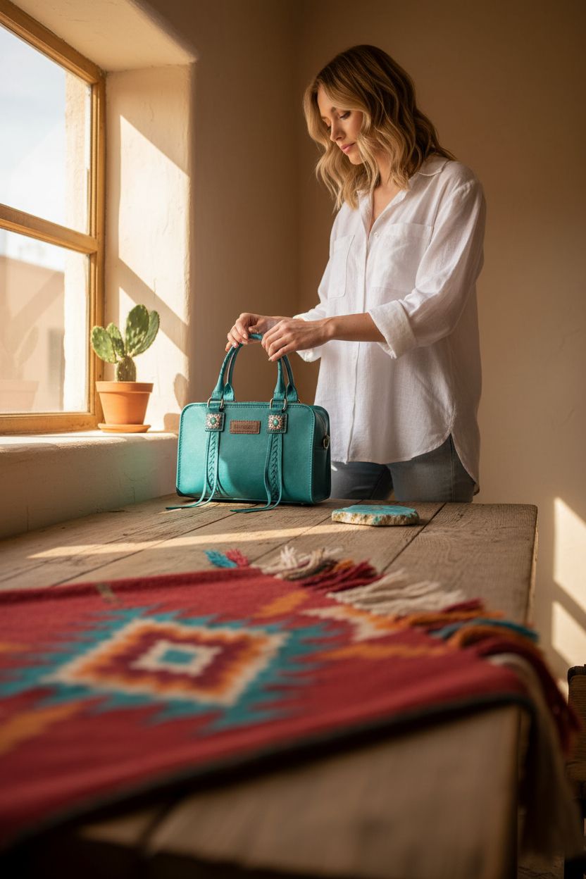 Wrangler Tote Bag elegantly placed on a rustic table in a cozy café, embodying the Montana West western vibe.