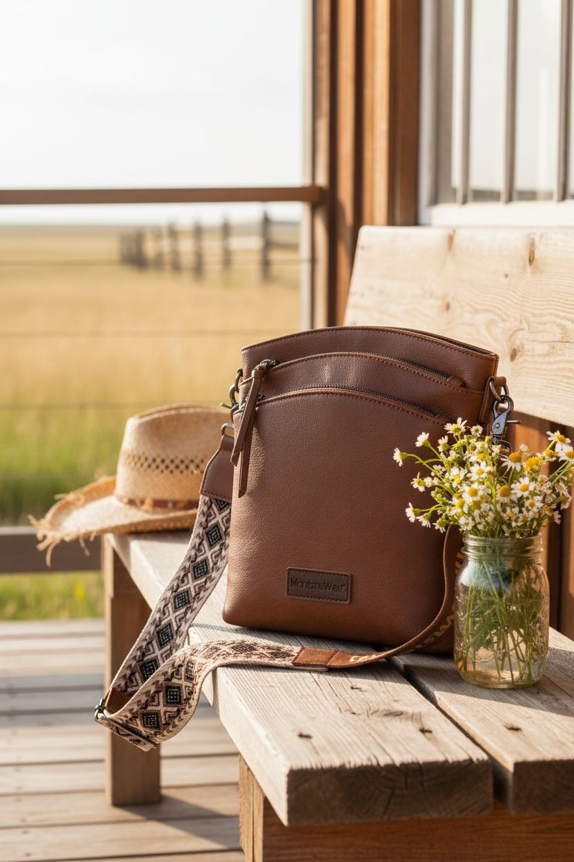 Montana West western crossbody purse resting on a rustic porch, showcasing its vegan leather details.