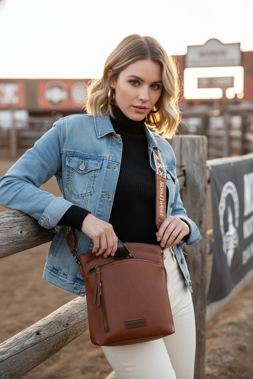 Montana West western crossbody purse with detachable guitar strap, styled in warm brown leather.