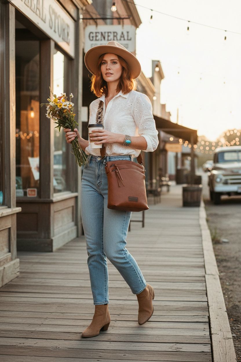 Montana West vegan leather western crossbody purse paired with casual attire on a charming street.