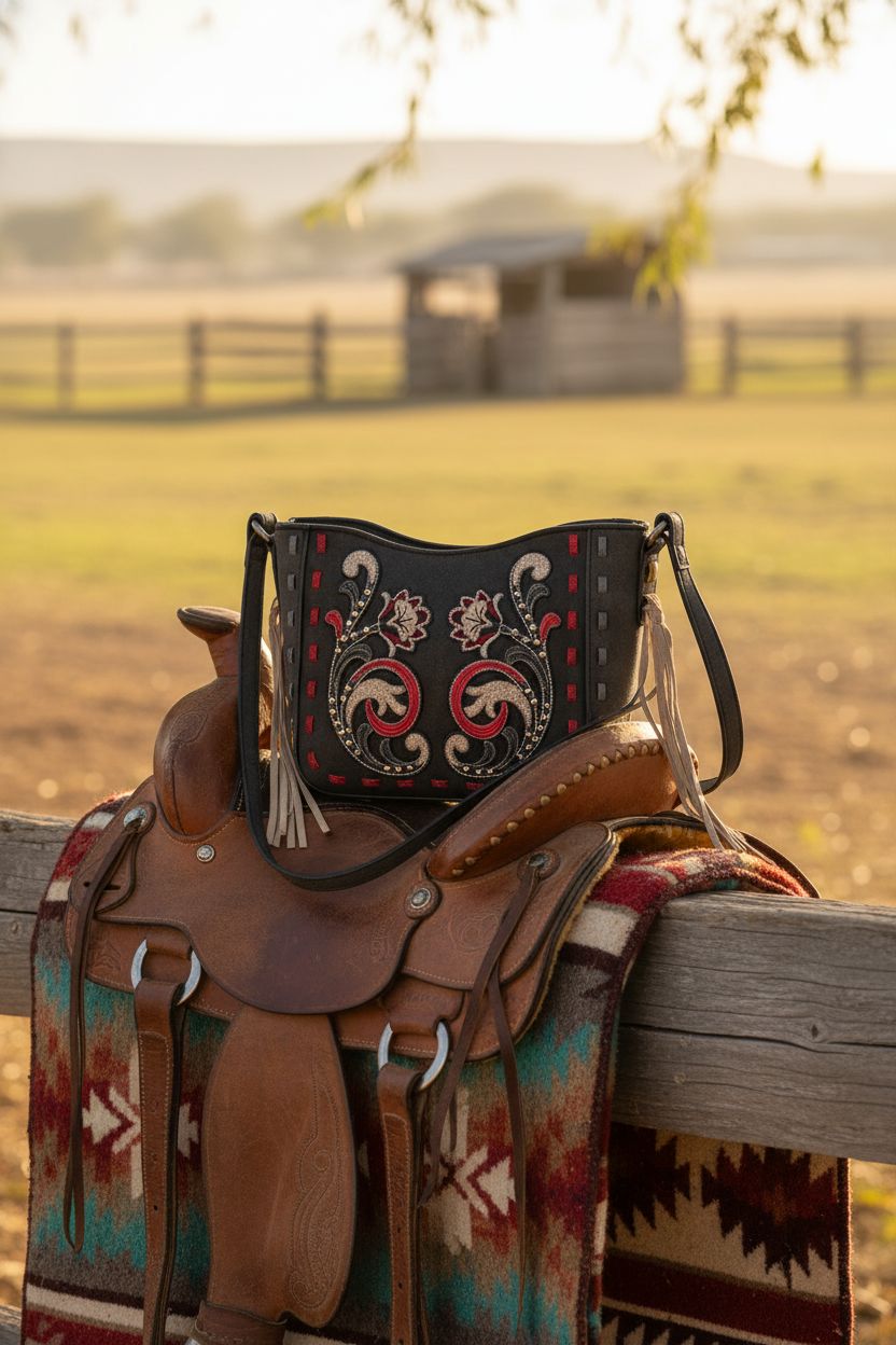 Montana West embroidered black bag resting on a leather saddle, capturing rustic elegance