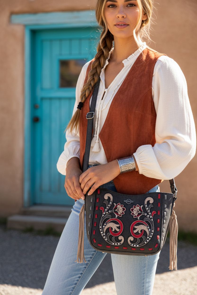 Montana West black western crossbody bag with floral embroidery and tassels, styled outdoors