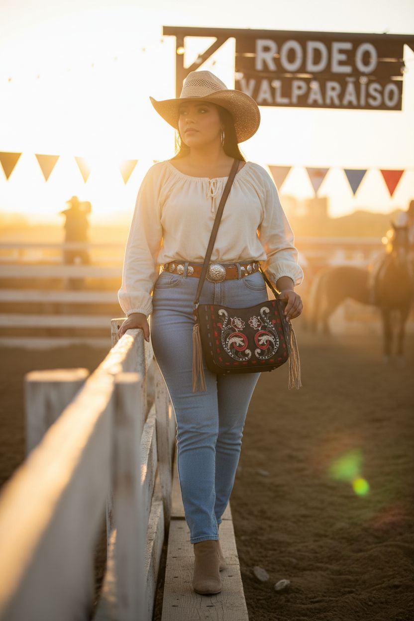 Montana West vintage floral crossbody bag showcased at a rodeo, highlighting its western charm