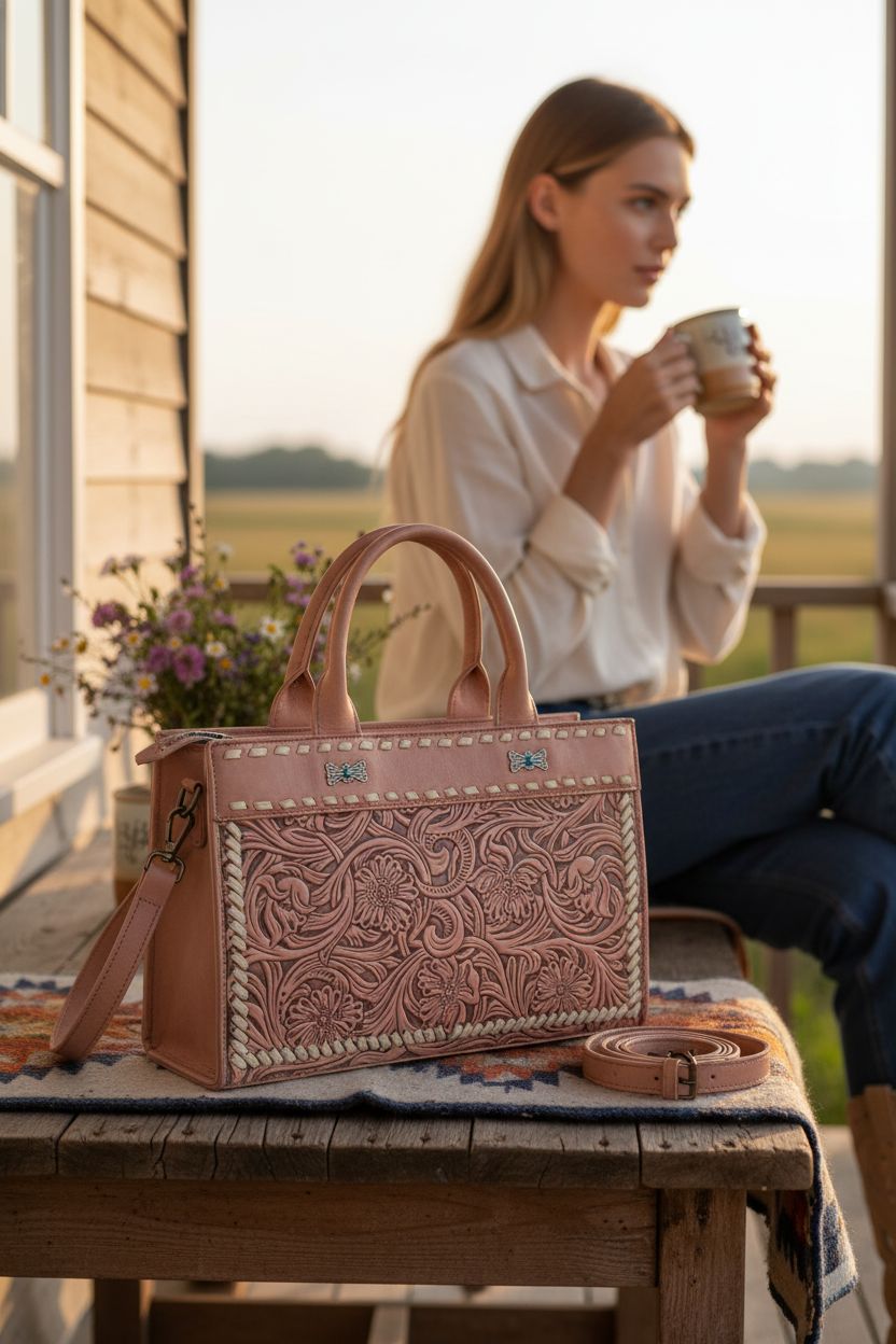 Montana West dusty-rose tooled leather purse on a rustic porch, perfect for a cozy morning vibe