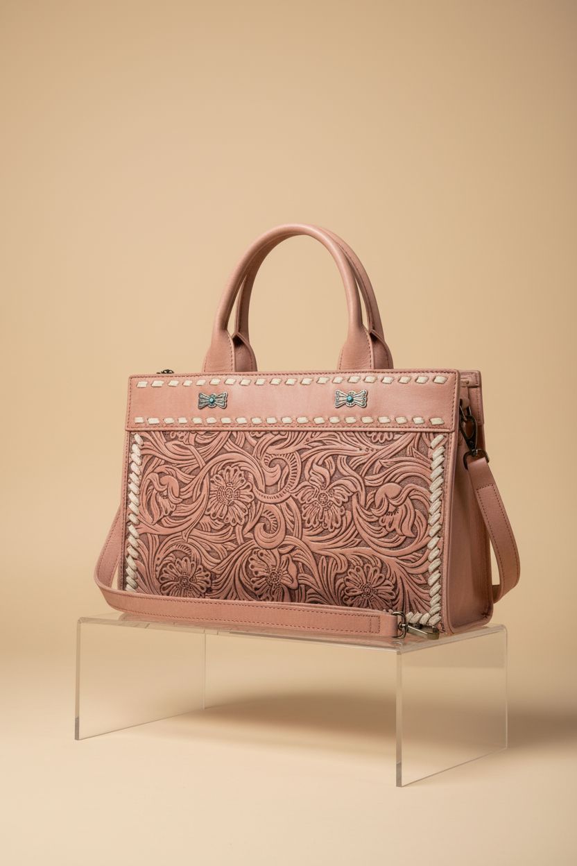 Montana West dusty-rose tooled leather purse displayed elegantly on a minimal acrylic riser