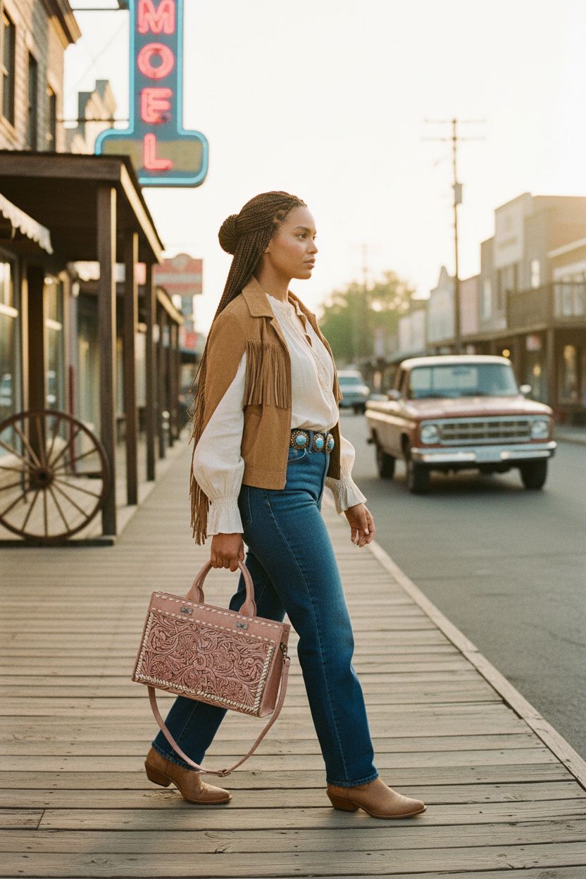 Dusty-rose Montana West western tooled leather purse showcased on a vibrant Western main street