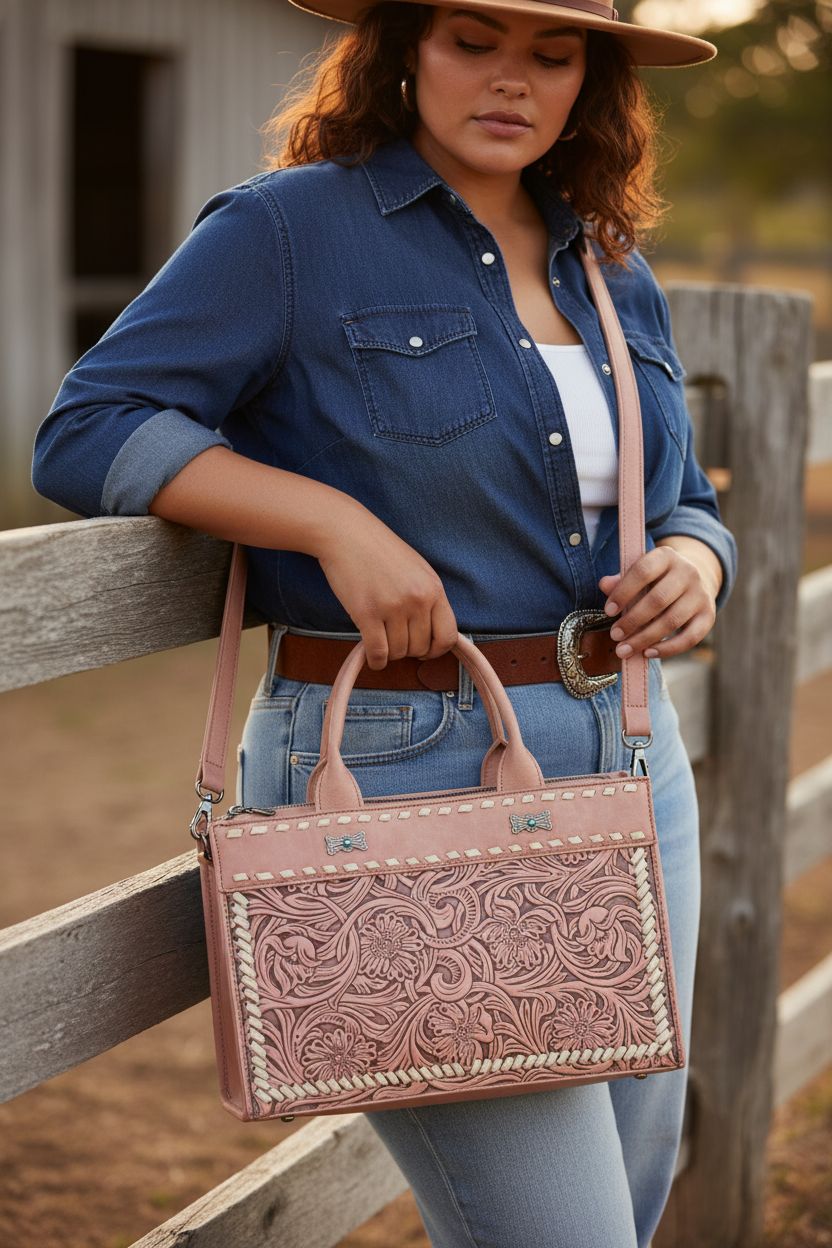 Montana West dusty-rose tooled leather purse held against a rustic ranch fence, showcasing its versatility