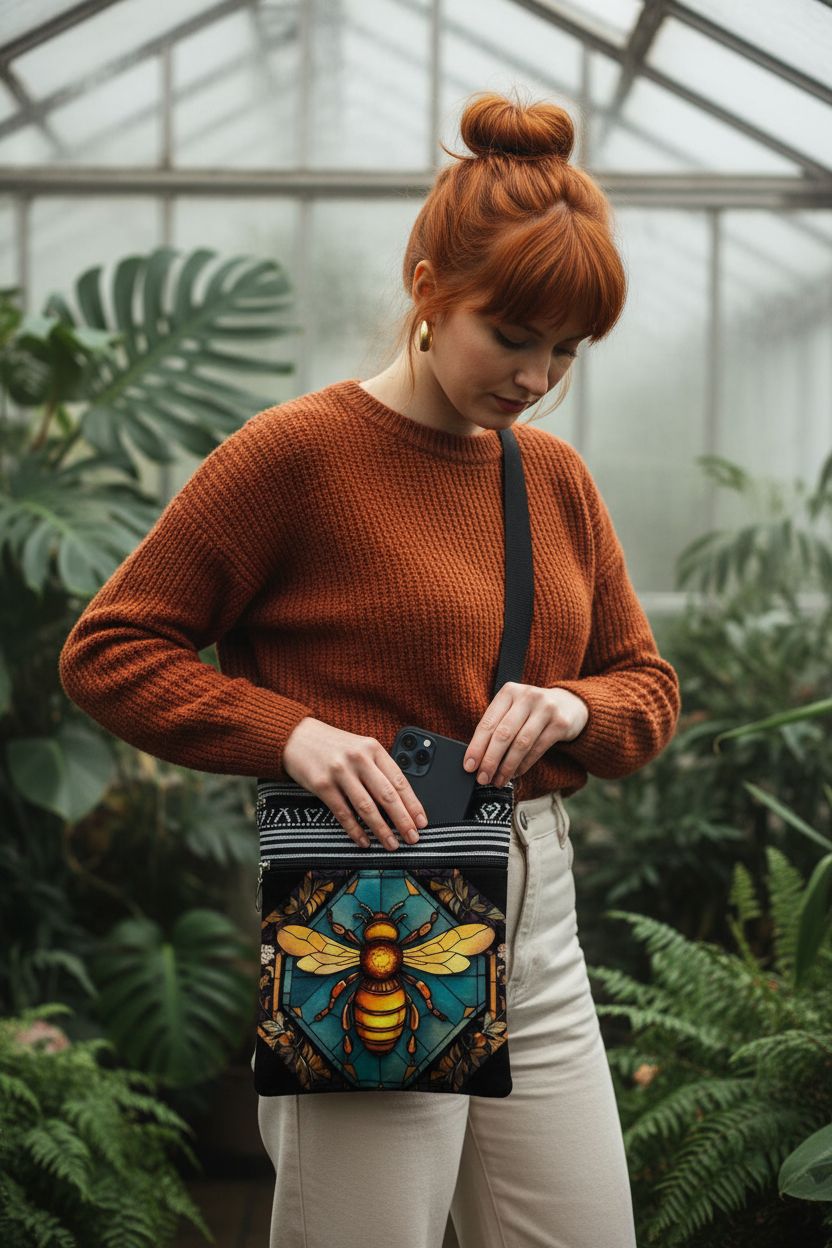 LiuenMgg Stained Glass Bee Messenger Bag in a greenhouse setting with teal panel and adjustable strap.