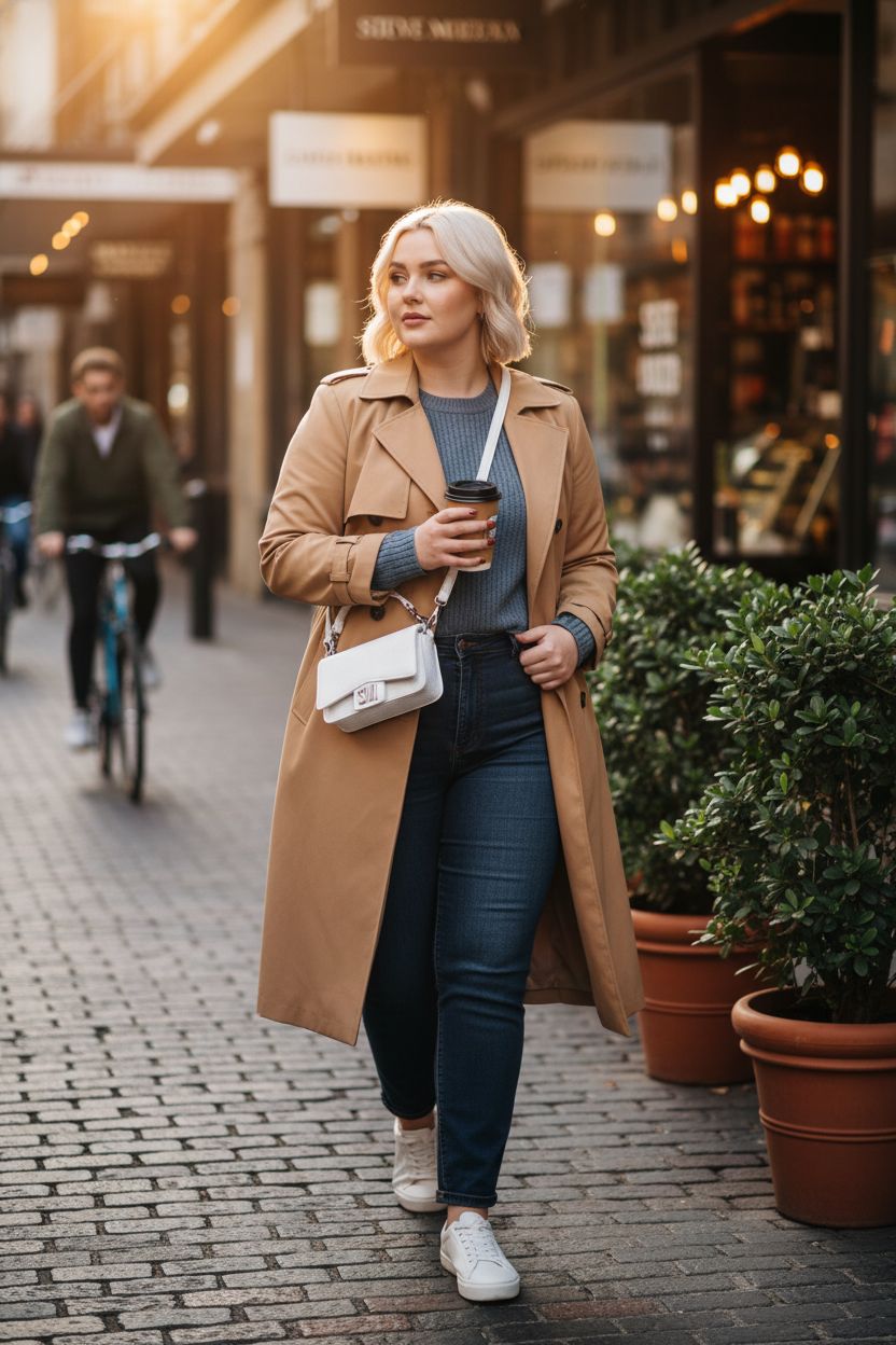 Steve Madden white crossbody purse worn over a camel trench in an urban setting