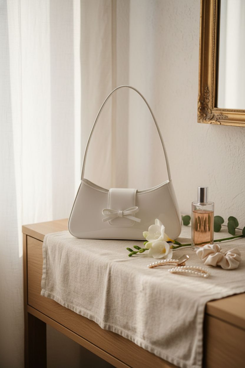 Elegant morning scene with Amszke white bow bag on a vanity surrounded by delicate decor.
