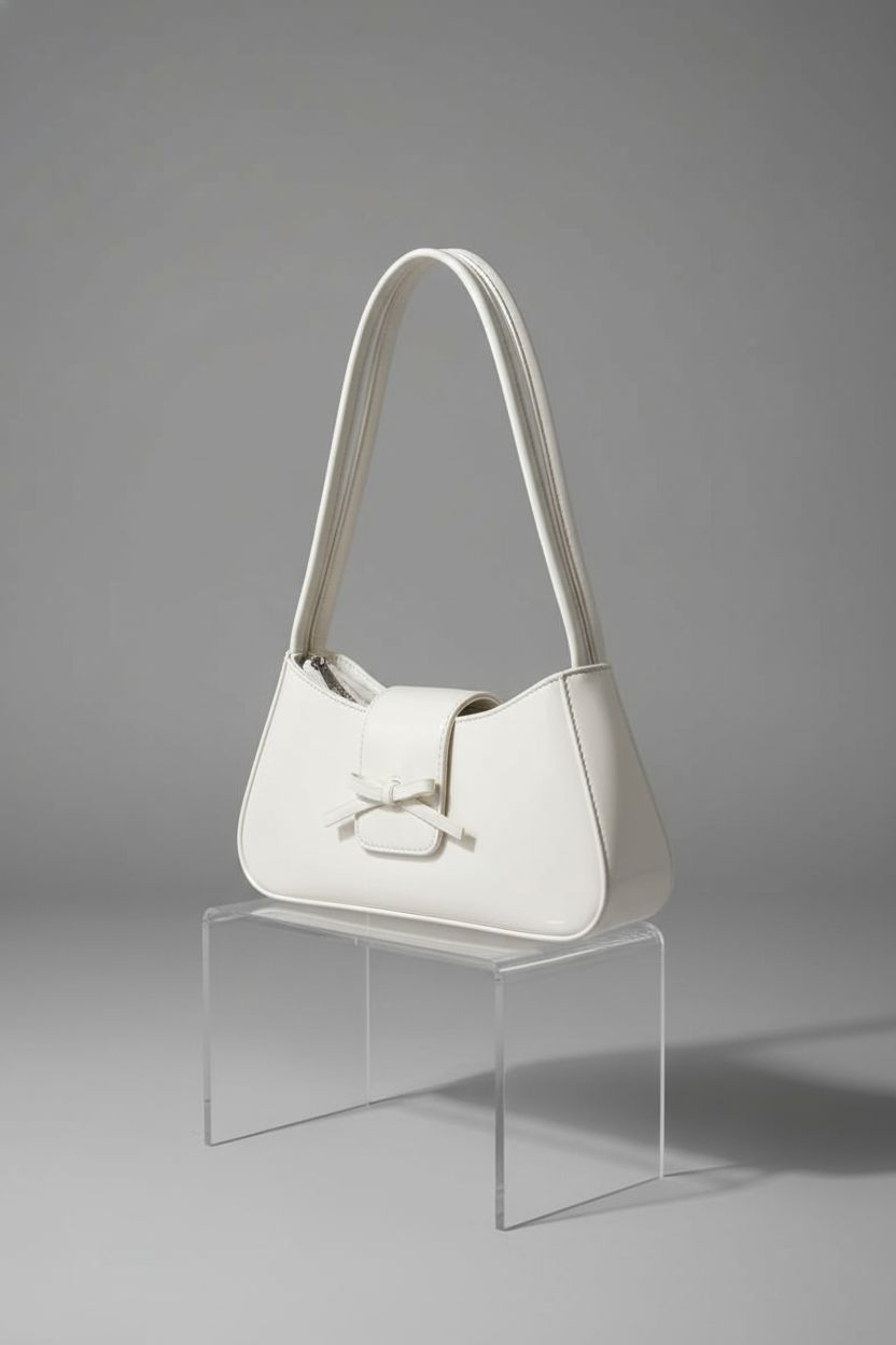 Close-up of Amszke white patent leather bag showcasing its bow detail and glossy finish.