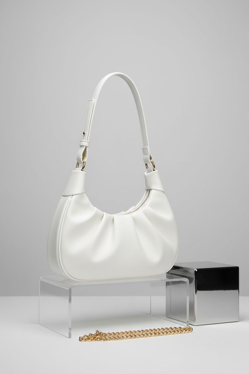 KKXIU white mini hobo bag prominently displayed on a grey background, highlighting its features.