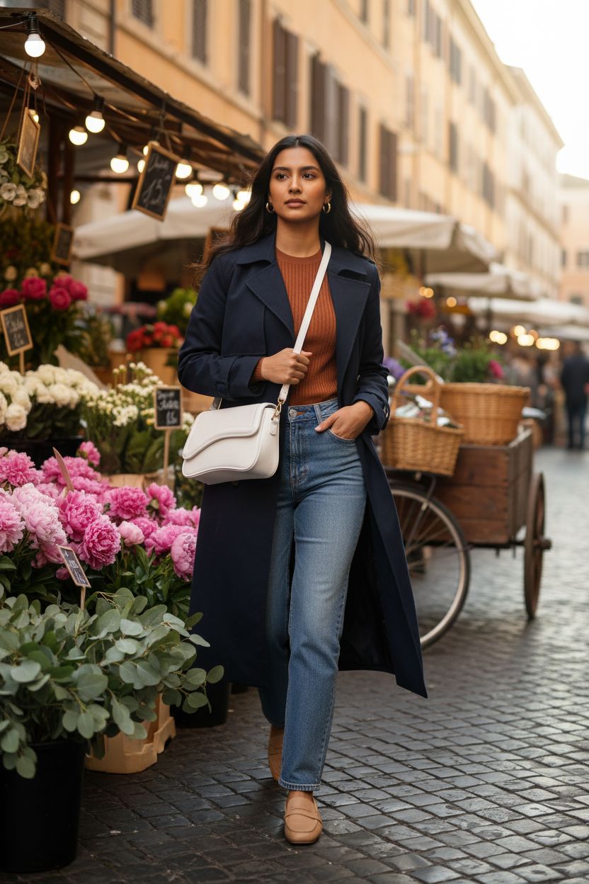 KKXIU white hobo bag featured at a flower market, beautifully contrasting with navy trench coat.