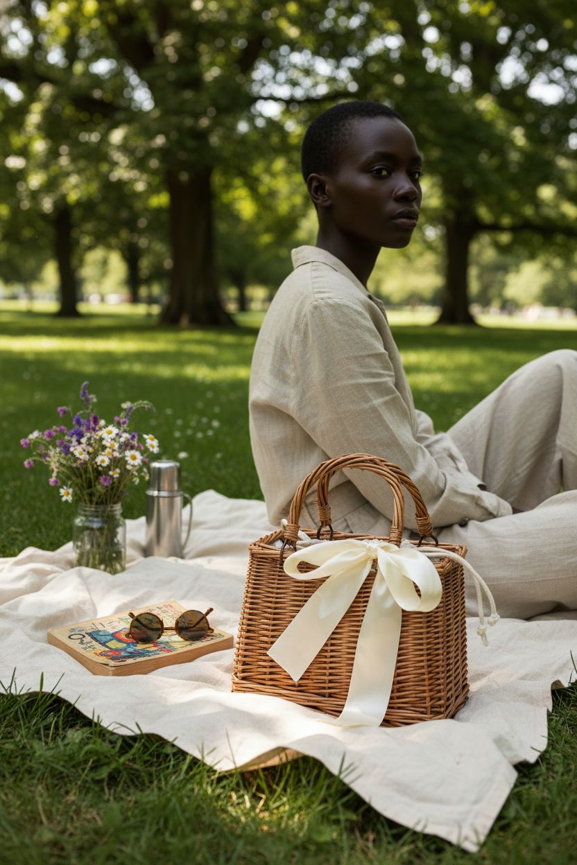YMhoart wicker purse beside a picnic setup, surrounded by flowers and sunlight.