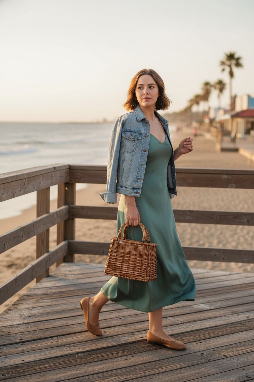 YMhoart rattan wicker purse on a coastal boardwalk, paired with a denim jacket.