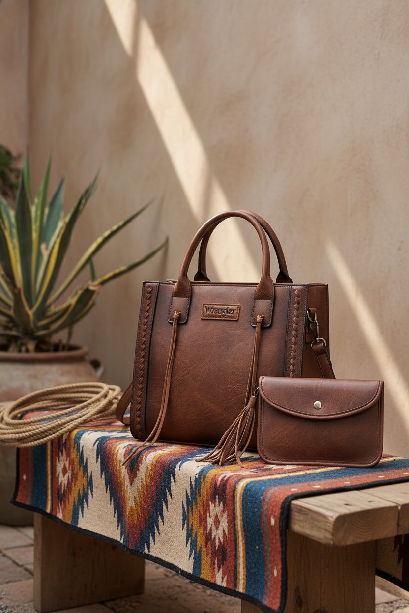 Montana West Wrangler Tote and Wallet Set on a hand-hewn bench, embracing Western elegance