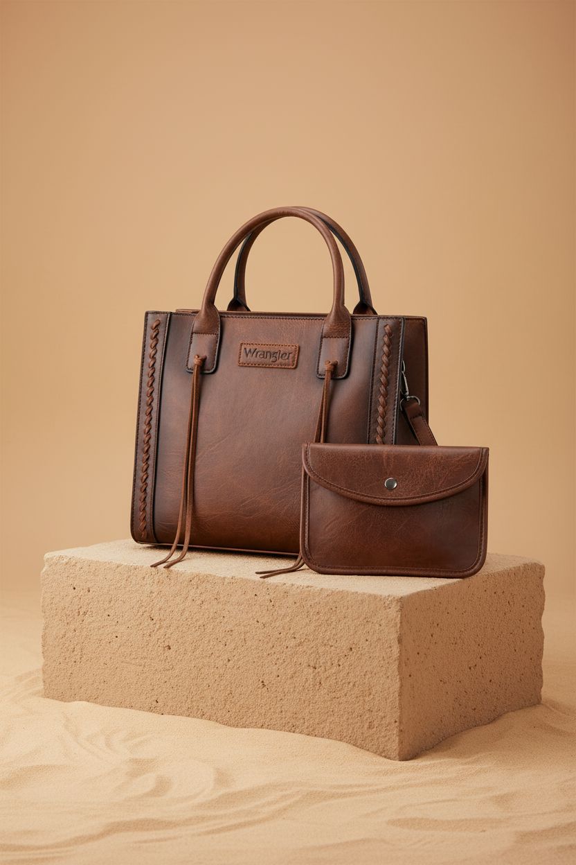 Montana West Wrangler Tote Bag and Wallet Set displayed in a minimalist setting, highlighting design