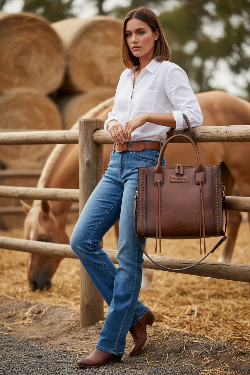 Montana West Wrangler Tote Bag showcased at a ranch, perfect for Western style lovers