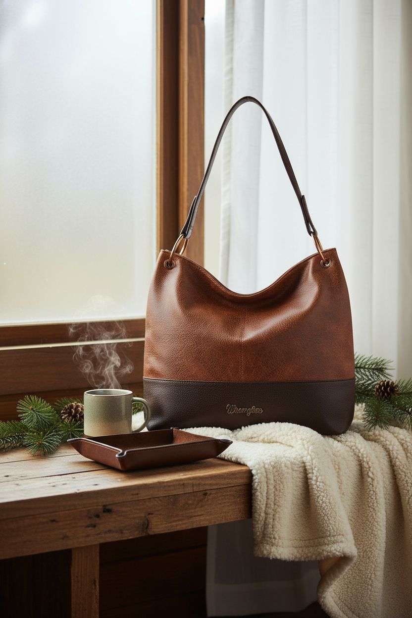 Wrangler Hobo Bag resting on a wood bench in a cozy cabin nook, enhancing winter comfort vibes.