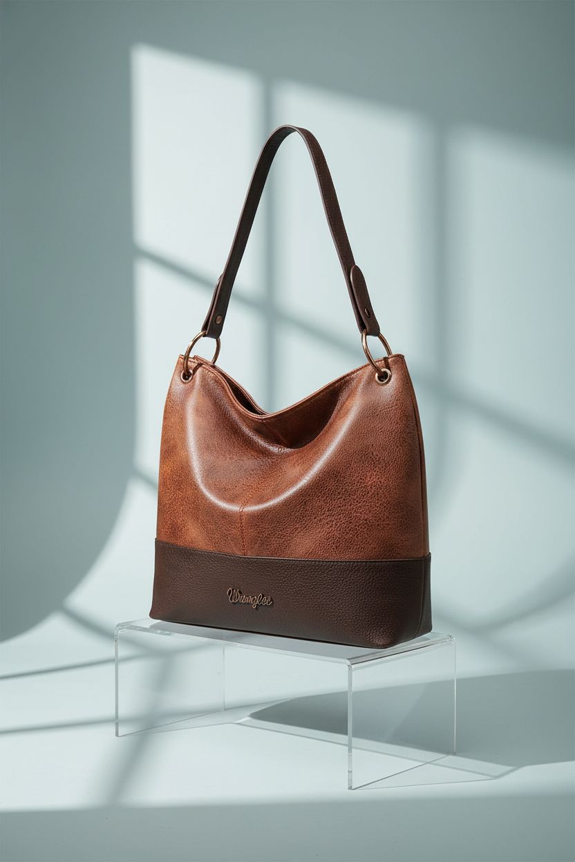Product shot of Wrangler Hobo Bag on a clean grey backdrop, showcasing its elegant winter design.