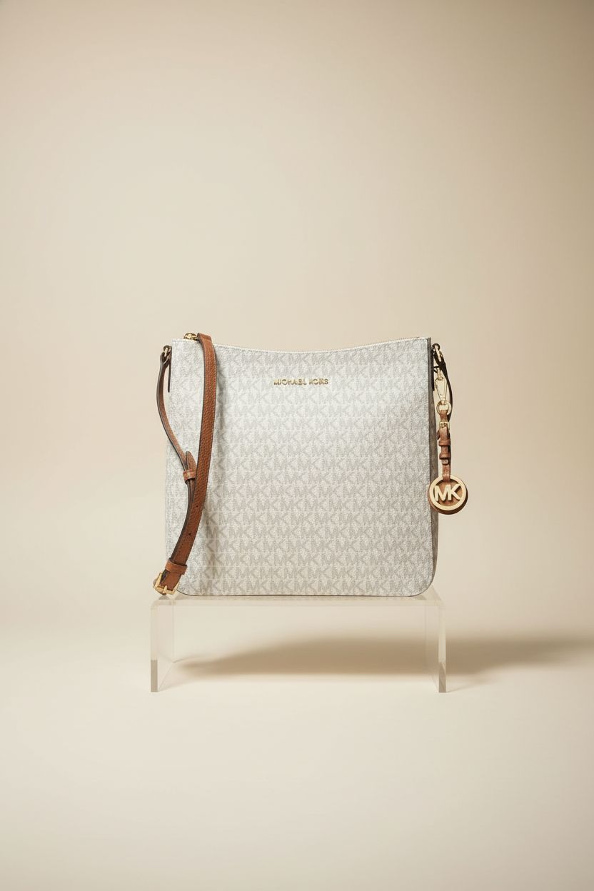 Close-up of Michael Kors Women's Jet Set Large Messenger Bag highlighting its gold MK logo and canvas texture.