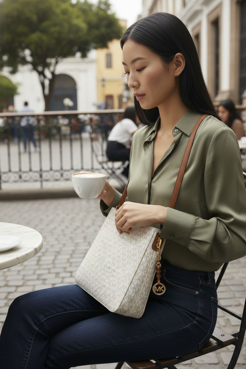 Michael Kors Women's Jet Set Large Messenger Bag in gold-tone hardware, stylishly worn crossbody.