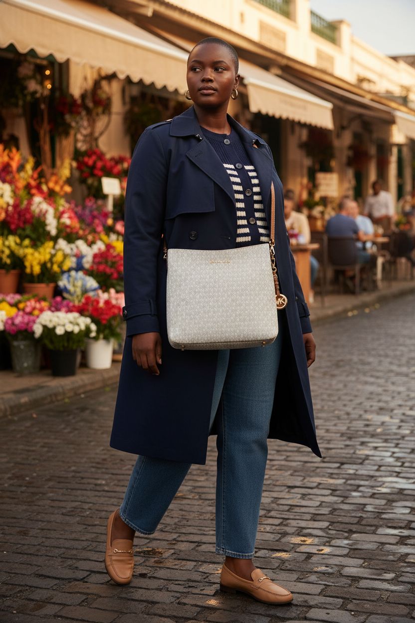 Michael Kors Women's Jet Set Large Messenger Bag showcased at a vibrant outdoor market.