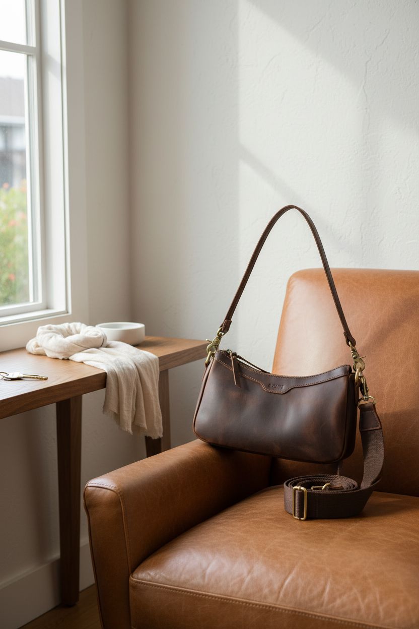S-ZONE leather shoulder bag resting on a caramel chair, inviting and ready for use.