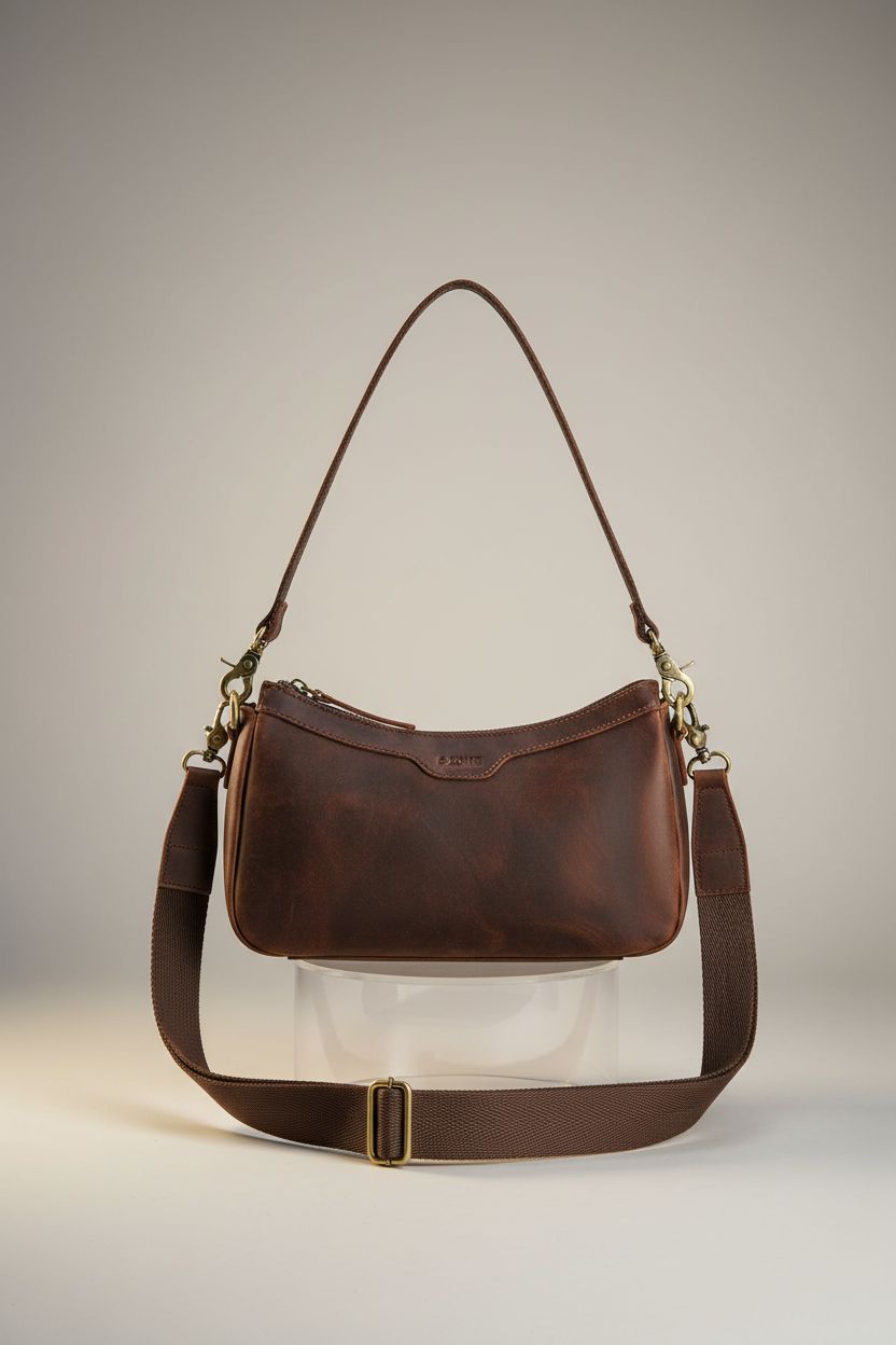S-ZONE hobo leather shoulder bag displayed on an acrylic pedestal, showcasing its elegant design.