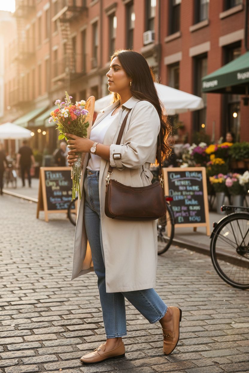 S-ZONE chocolate leather shoulder bag contrasts beautifully with a light oatmeal trench coat.