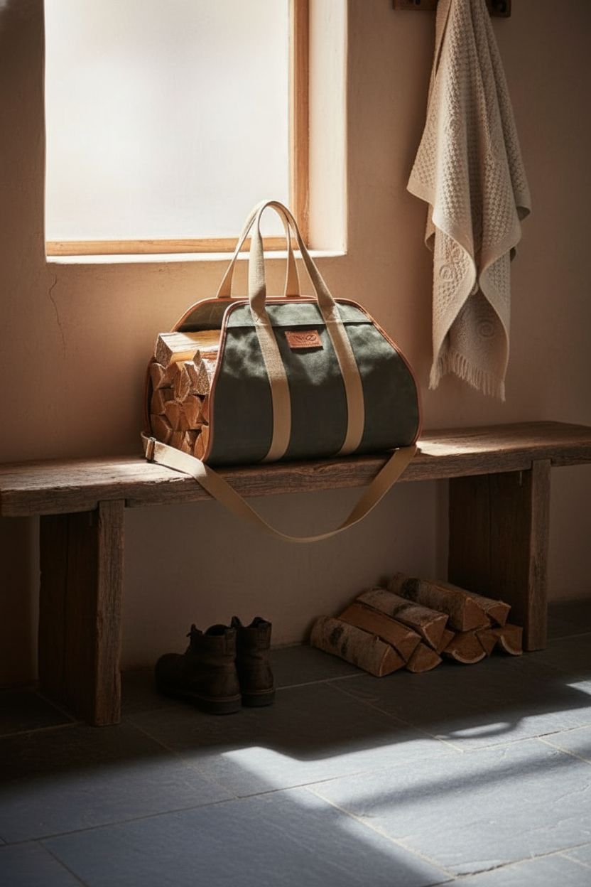 INNO STAGE wood carrier resting on a rustic bench, great for log storage in a warm mudroom