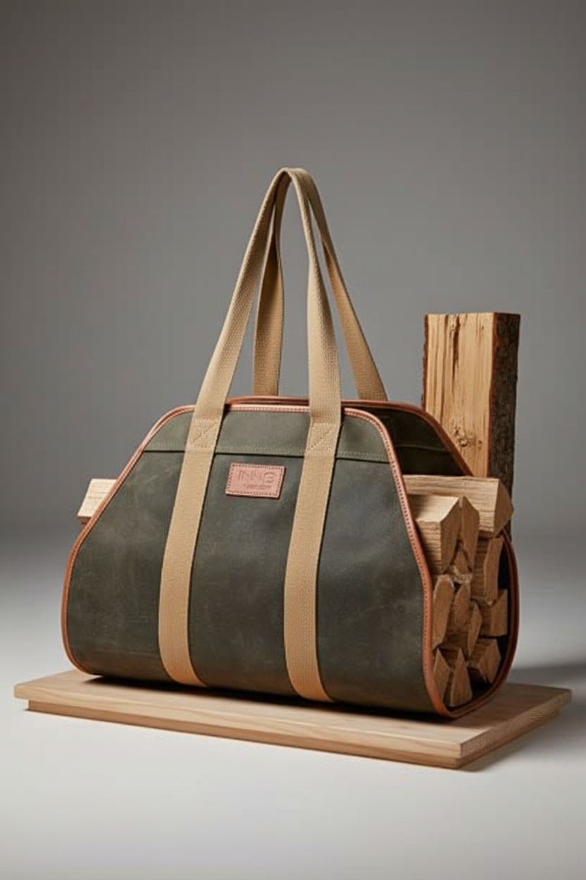Close-up of INNO STAGE heavy-duty wood bag showcasing its waxed canvas and leather handles