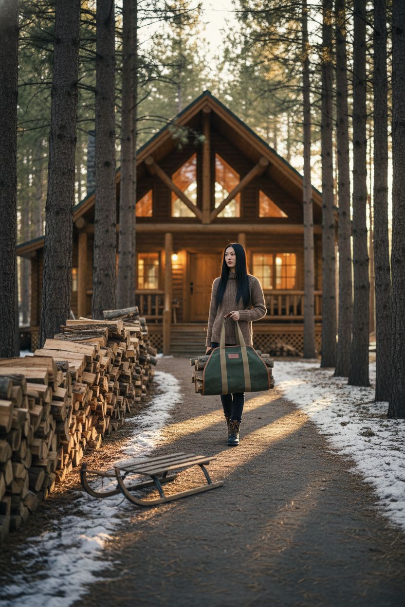 INNO STAGE olive-green waxed canvas wood bag on a pine path, perfect for transporting firewood