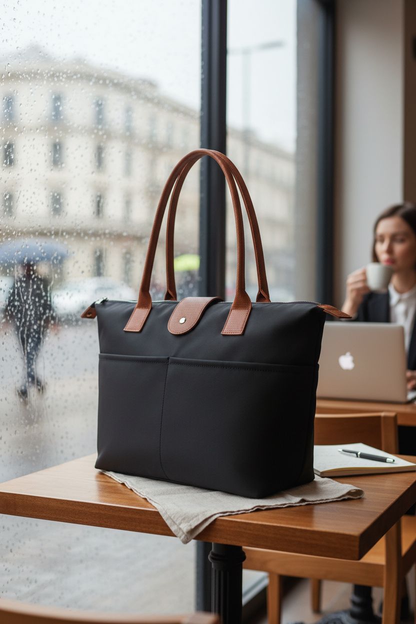 DIXEIGHT nylon tote bag beside a laptop at a café, showcasing work-from-anywhere versatility.