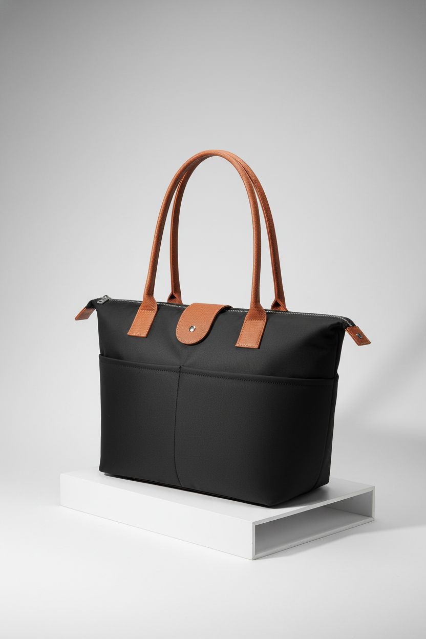 Close-up of DIXEIGHT nylon tote bag highlighting zipper and pockets, designed for functionality and style.