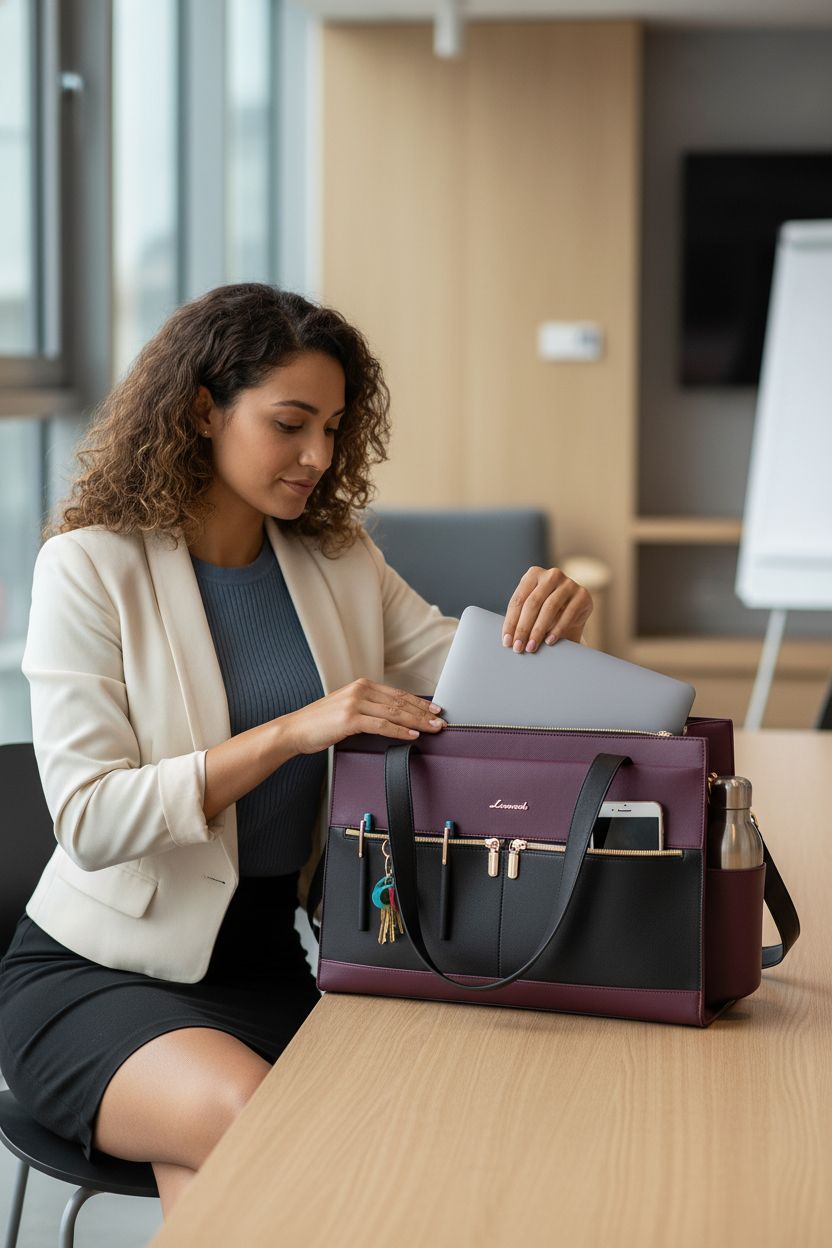 LOVEVOOK professional leather laptop bag for women, unzipped to reveal a laptop and office essentials.