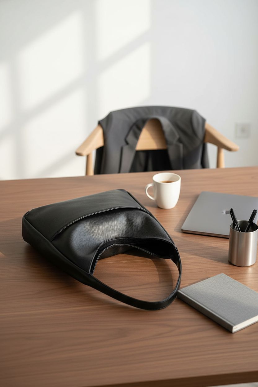 BGGJUE black tote on a desk, showcasing its texture and work-ready style.