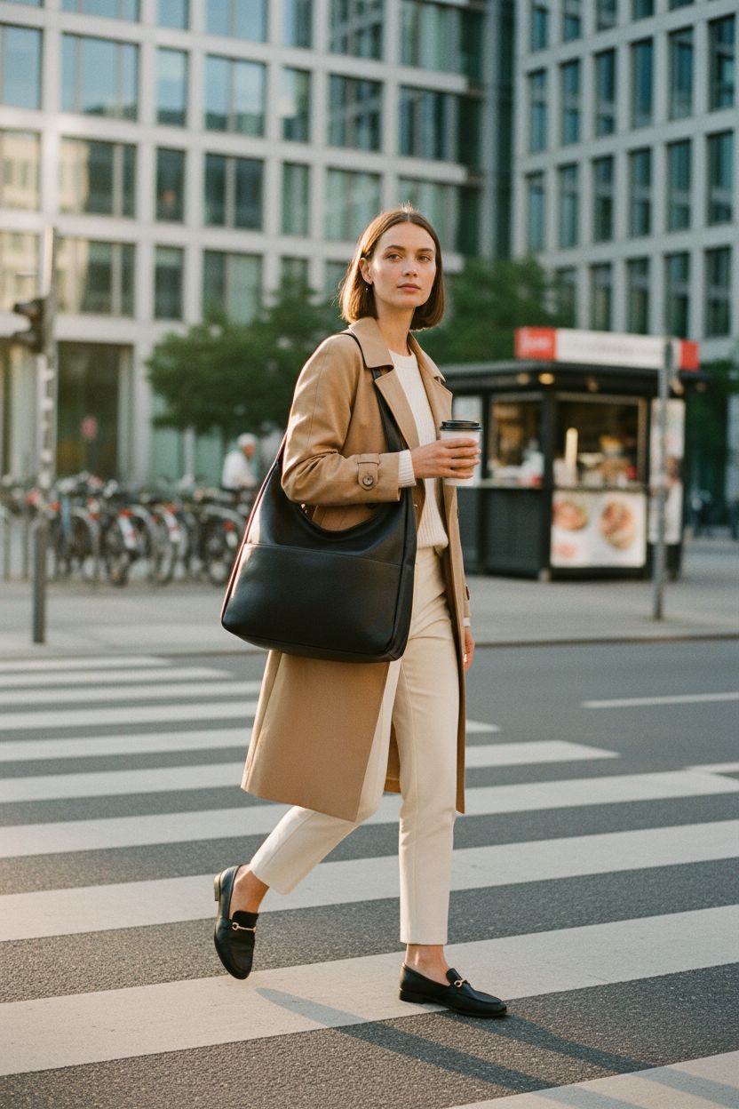 Slouchy black vegan leather hobo tote by BGGJUE, styled for a morning commute.