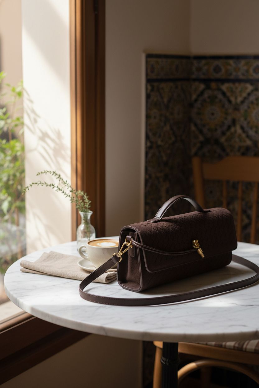 Rich chocolate AWUXINE woven leather purse elegantly placed in a cozy café setting.