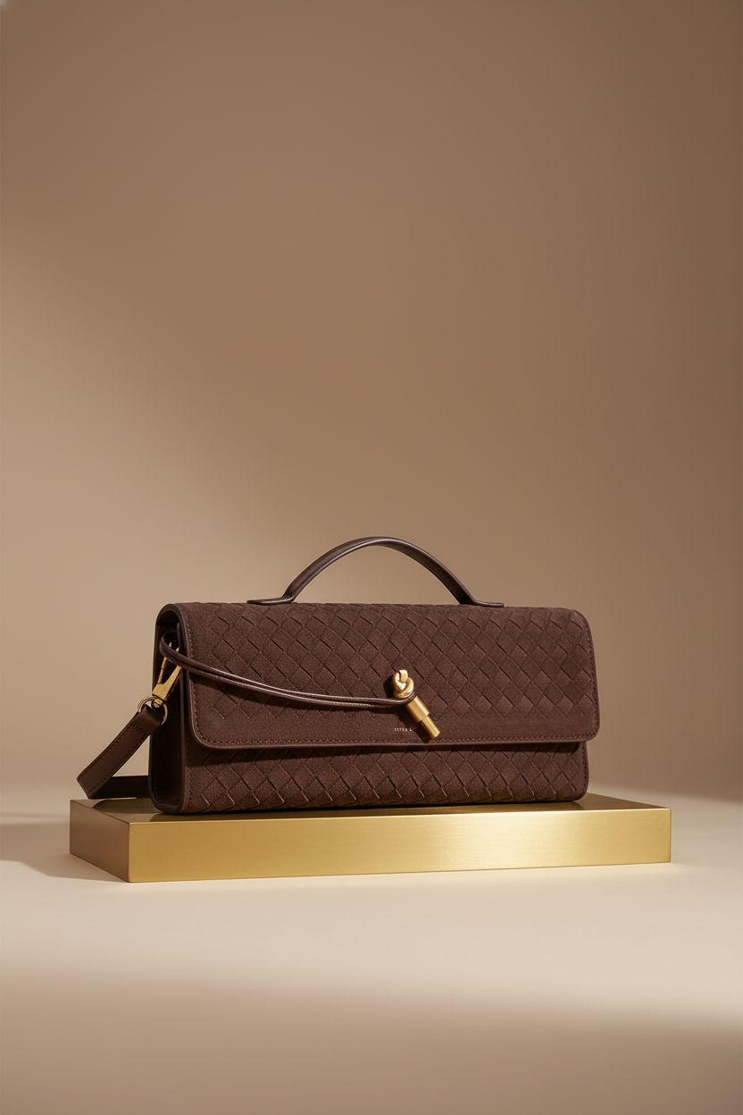 Detailed view of AWUXINE woven leather purse highlighting its rich texture and gold hardware.