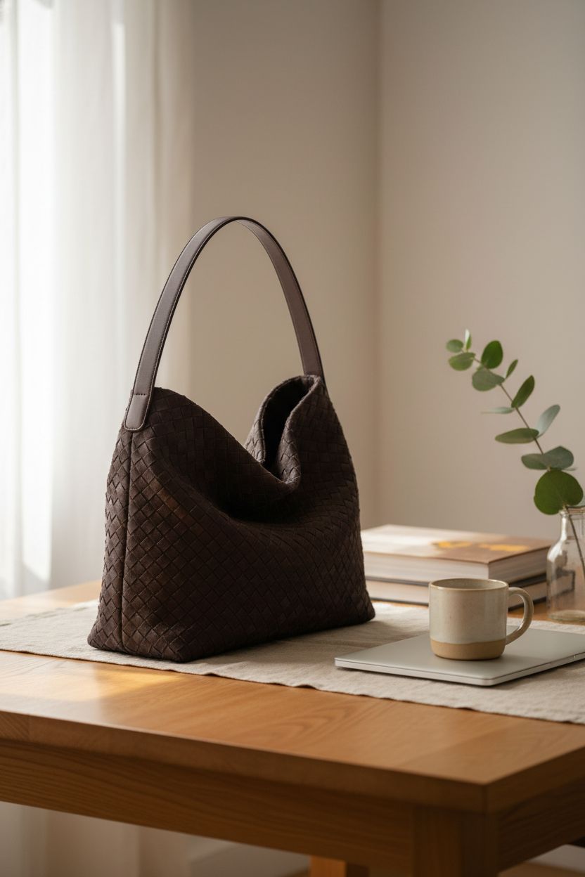 Dreubea chocolate woven tote bag on a sunlit workspace table with mug and book