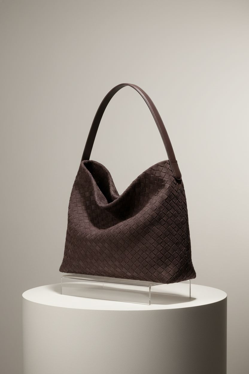 Dreubea chocolate woven tote bag showcased on a clean studio pedestal