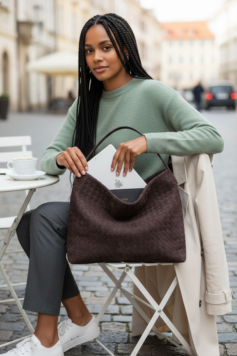 Dreubea chocolate woven tote bag on a bistro table with notebook and coffee