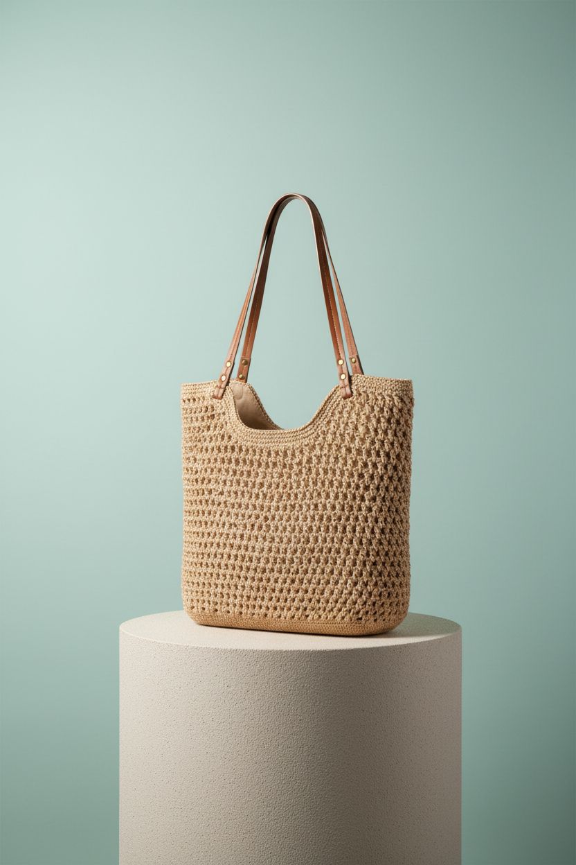 Product shot of Pleneal crochet beach bag on a clean backdrop, highlighting craftsmanship and soft woven design.