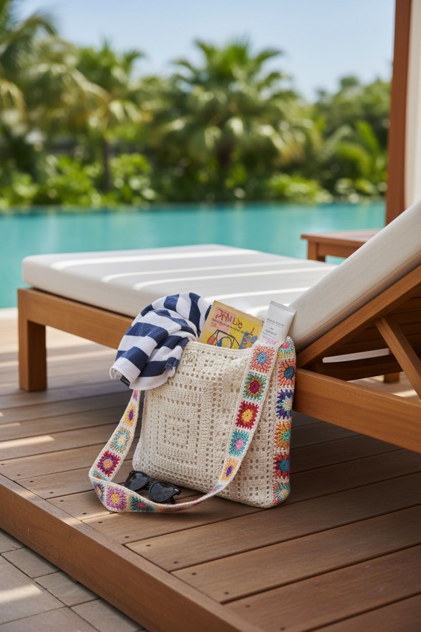 Babelshar crochet beach tote beside a pool with accessories, highlighting its summer vibe.